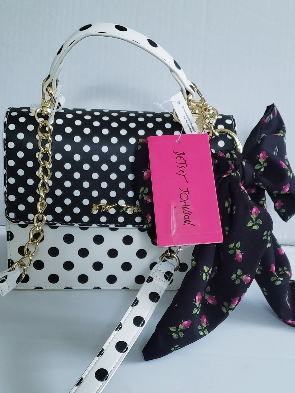Betsey Johnson XOMYLO2 Faux Leather Polka Dot Satchel/Crossbody- Black/White-NWT